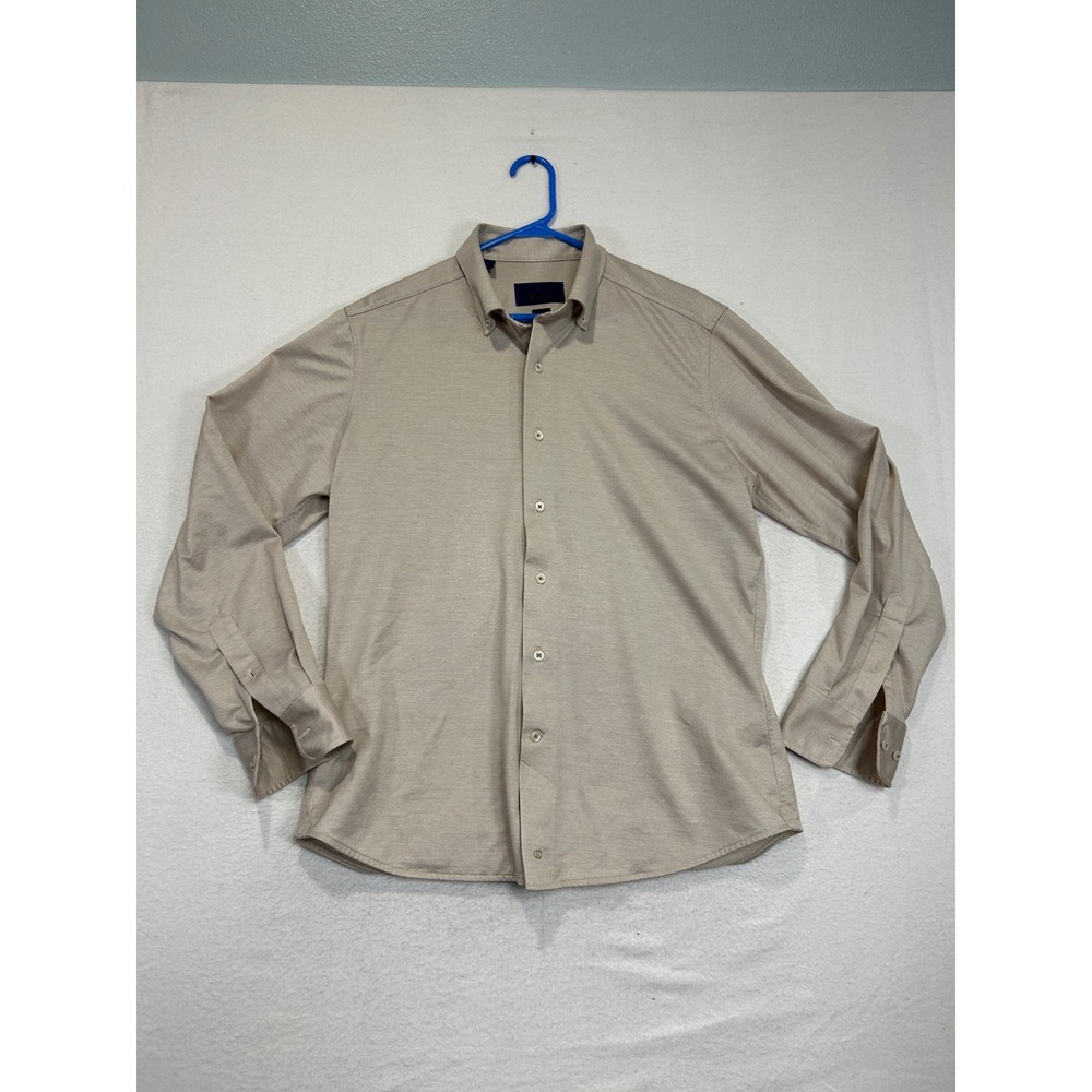 David Donahue Fusion Tan Cotton Knit Button Down Shirt Mens 16 M/L Khaki Pique